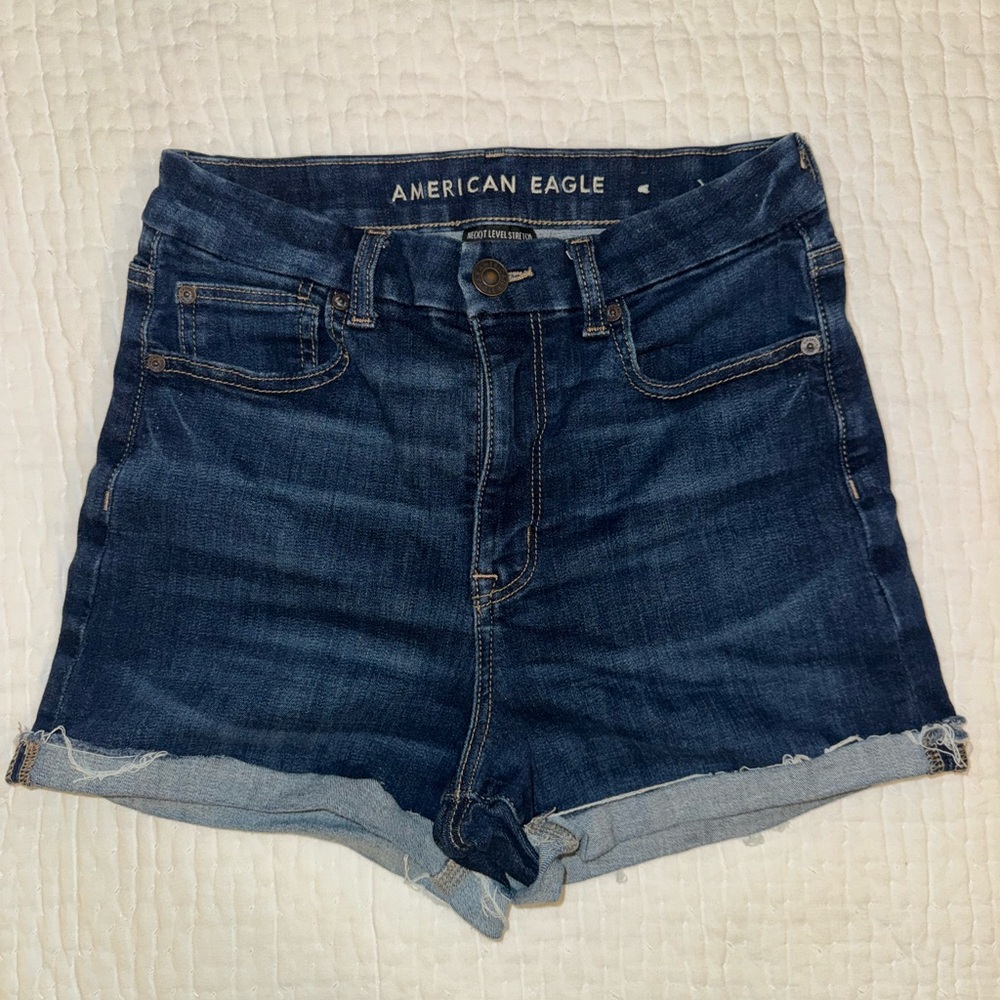 American Eagle Outfitters Curvy Hi-Rise Shortie Dark Blue Jean Shorts